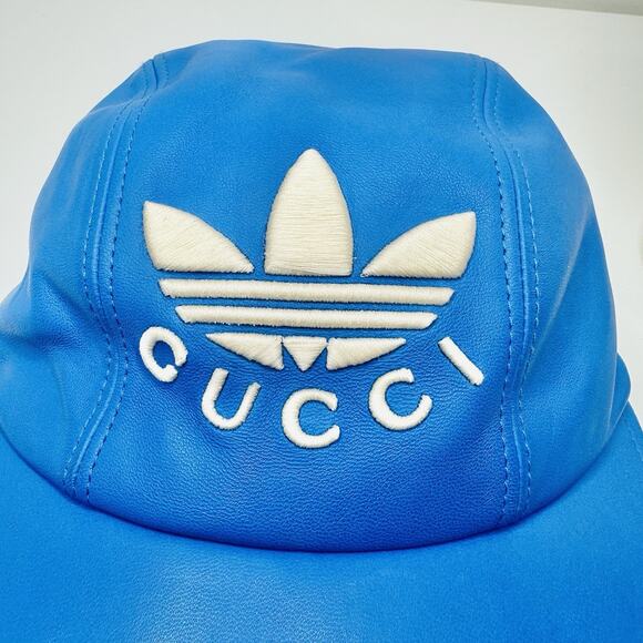 NWT Gucci x Adidas Blue Leather Logo Baseball Cap Hat L 58cm Removable Strap - Picture 7 of 12